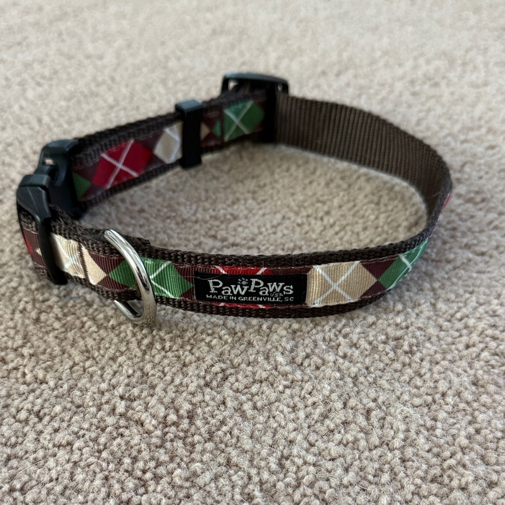 Brown Argyle Dog Collar with Red, Green & Tan Accents